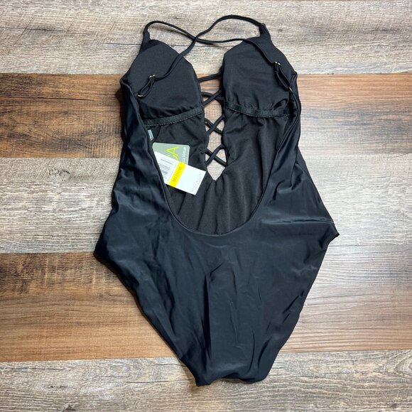 NWT BECCA by Rebecca Virtue Black Caged One Piece Swimsuit Criss-Cross L - Picture 4 of 9